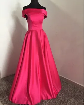 Fuchsia Pink Dlhé Večerné Šaty Ramena Loď Krku Riadok Satin Prom Party Šaty vestidos de gala 2017