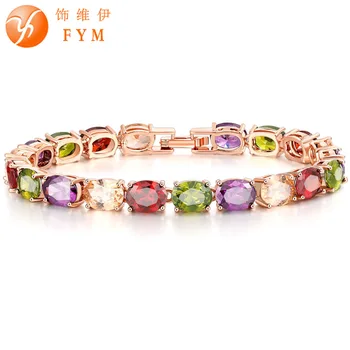 FYM Značky luxusné Rose Gold Color Crystal Reťaz Prepojenie Náramok AAA Zirkón CZ Farebné Náramky pre Ženy, Svadobné Šperky