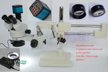 FYSCOPE Mikroskopom Nastaviť 3,5 X-90X Mikroskopom Dvojité Boom Stojan Zároveň Hlavná Stereo Zoom Mikroskopom+14MP HDMI+4zone ovládanie led