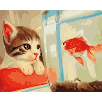 GATYZTORY Frameless Mačka A Ryby DIY Maľovanie Podľa Čísel Zvieratá Moderné Nástenné Umelecké Plátno na Maľovanie Akryl Obrázok Pre Home Decor
