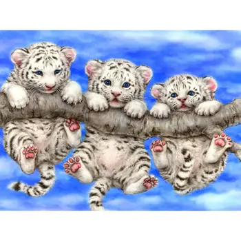 GLymg Diy Diamond Maľovanie Tri malé Tigre Diamond Výšivky Všetky Vŕtanie Tiger Na Strome kolo Vŕtať Čerpať Vložiť