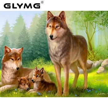 GLymg Vyšívanie Diamond Výšivky Vlk Family Diamond Maľovanie Cross Stitch Námestie Plné Diamond Zvierat Série Mozaikové Obrázky