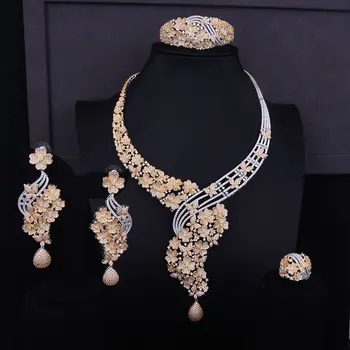 GODKI Veľké Luxusné Kvetinové Boom Ženy Zapojenie Cubic Zirconia Náhrdelníky Náušnice Dubaj Šperky Set Šperkov Závislosť