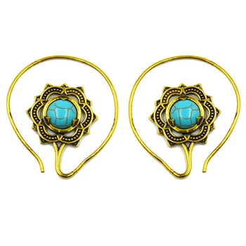 Gold Brass Lotus Vintage Filigránske Slnko Korálkové Indickej Tribal Náušnice Hoop Drop Ear Piercing Body Šperky