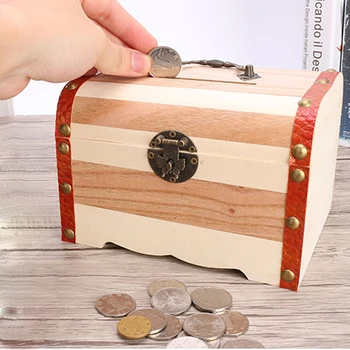 GQIYIBBEI Woody Starožitné Treasure Box Prasiatko Tvár Mince Banky Bezpečné Peniaze Box Pre Deti Darček Domov Skladovanie Dekorácie