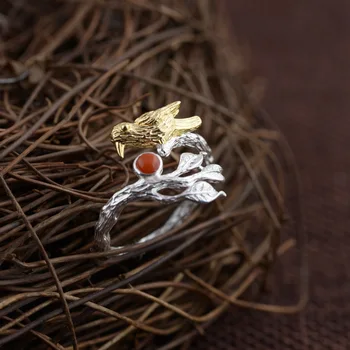 GQTORCH 925 Sterling Silver Ring Pre 18k Zlatom Ženy Vták S Prírodnými Lapis Lazuli A Červené Onyx Jedinečný Krúžok Otvorenie