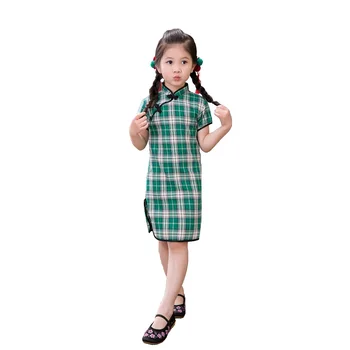 Grid Letné Detské Dievčenské Šaty Čínsky Jarný Festival Dievča Oblečenie Chipao Šaty Bavlna Deti Cheongsam Qipao Vestidos