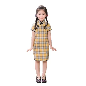 Grid Letné Detské Dievčenské Šaty Čínsky Jarný Festival Dievča Oblečenie Chipao Šaty Bavlna Deti Cheongsam Qipao Vestidos