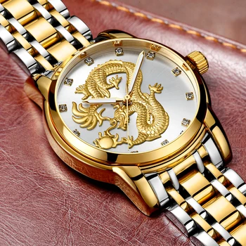 GUANQIN Muži Hodinky Čínsky Zlatý Drak Značky Luxusné Socha Quartz Hodinky Mužov Business Módne náramkové hodinky Vodotesné Dizajn