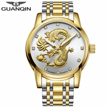 GUANQIN Muži Hodinky Čínsky Zlatý Drak Značky Luxusné Socha Quartz Hodinky Mužov Business Módne náramkové hodinky Vodotesné Dizajn