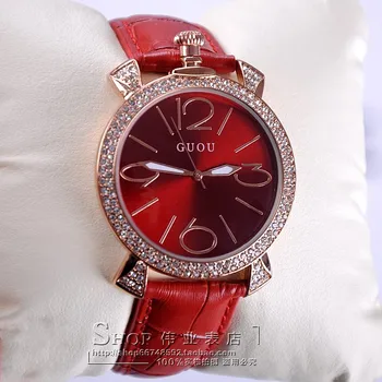 GUOU purple rose gold ženy, luxusné značky plný drahokamu hodinky dámy pravej kože kapela quartz hodinky ženy slávny náramkové hodinky