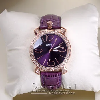 GUOU purple rose gold ženy, luxusné značky plný drahokamu hodinky dámy pravej kože kapela quartz hodinky ženy slávny náramkové hodinky