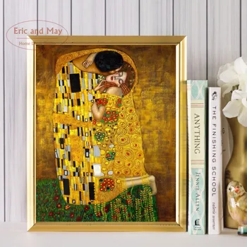 Gustav Klimt Kiss Klasické Umenie, Maliarske Plátna Umenia, Tlače, Plagát Na Stenu Obrázky Pre Obývacia Izba Domáce Dekorácie Na Stenu Decor Č Rám