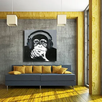 Handpainted olejomaľba Na Plátne Maľovanie Moderné Počúvanie Hudby Opice Plátno na Stenu Umenie Domova Obrázok č Rámovanie Umeleckých