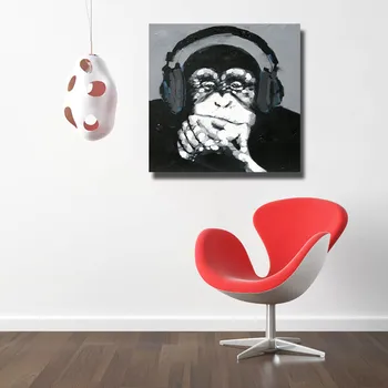 Handpainted olejomaľba Na Plátne Maľovanie Moderné Počúvanie Hudby Opice Plátno na Stenu Umenie Domova Obrázok č Rámovanie Umeleckých