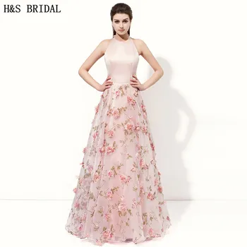 H&S Svadobné A-line Ružová formálne večerné šaty šaty Backless Potlačené Tkaniny S 3D kvety večerné šaty dlhé 2017