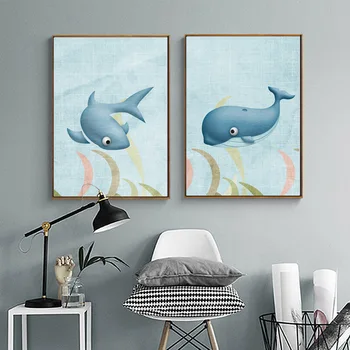HAOCHU Detská Izba Plátne, Plagát, Tlač Cartoon Veľryba Dolphin Stenu Obrázok Giclee Maľovanie Domova Bez Rámu