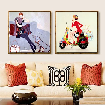 HAOCHU Realistický Žena Lady Motocykel Malý Pes Plátno na Maľovanie Pár Foto Visí Remeslo Umenie Stene plagát pre salón Krásy Dekor
