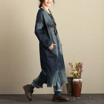 Harajuku Hippie Boho Retro Vintage Bežné Vrecko Nit Jeans Denim Modrá Bavlna Dlhé Hrubé Bunda Ženy Jeseň Zima Tench Kabát