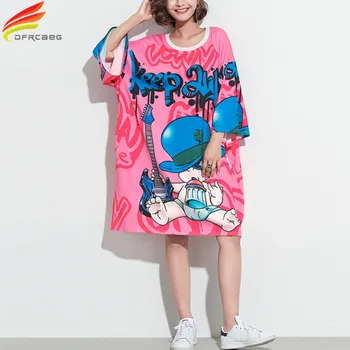 Harajuku Štýl 2018 Jeseň Krátky Rukáv Bežné Šaty Žien Oblečenie 5XL Plus Veľkosť Cartoon Print T Shirt Šaty Bavlna Vestidos
