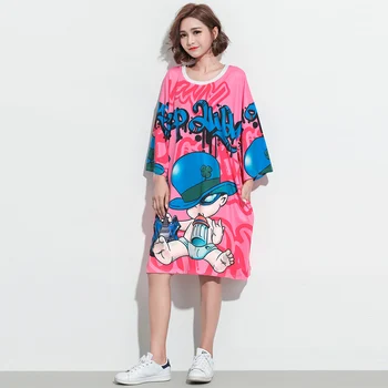 Harajuku Štýl 2018 Jeseň Krátky Rukáv Bežné Šaty Žien Oblečenie 5XL Plus Veľkosť Cartoon Print T Shirt Šaty Bavlna Vestidos