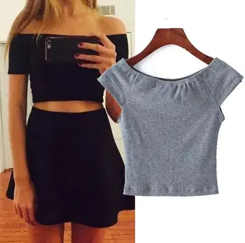 HCBLESS Jar žien nové módne módne Slim rebrá ramenný farbu solídne T-shirt krátkom odseku primer tričko