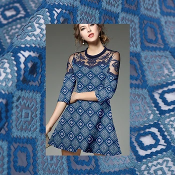 High-end geometrické pokojné modré čistý priadza výšivky, čipky textílie pre šaty vyšívané textílie telas tissus au meter tissu costura