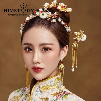 HIMSTORY Tradičnej Čínskej Národnej Svadobné Doplnky do Vlasov Nevesty sponky do vlasov Hairstick Náušnice Svadobné Šperky Hairwear