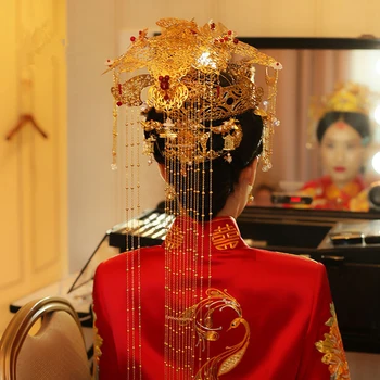 HIMSTORY Tradičná Čínska Svadba Nevesta Vlasy Tiaras Kostým Čínskom Štýle Cisárovnej Princess Dlhý Strapec Kráľovná Vlasy Príslušenstvo