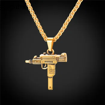 Hip hop Uzi Zbraň Náhrdelník Prívesok pre Mužov Čiernej Nerezovej Ocele Zlatá Farba 22 inch Reťazí AK 47 M16 Zbraň Náhrdelník
