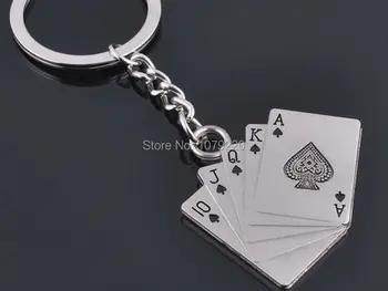 HJ Poker Hrať Karty Keyring Tvorivé Keychain Leštený Chróm Klasické 3D Prívesok, Darček, doprava Zdarma
