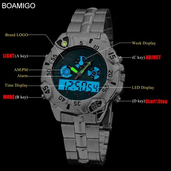 Hodinky mužov muž, luxusné značky BOAMIGO vojenské športové hodinky Dual Time Quartz Analógové Digitálne LED oceľ remienok náramkové hodinky F513