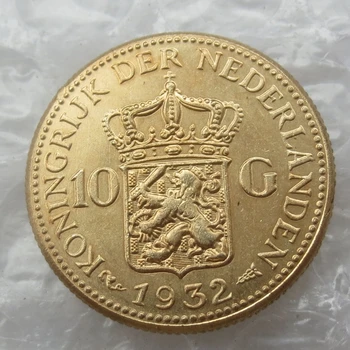 Holandsko, Wilhelmina Som, 10 Guldenu, 1932 Pozlátená Kópia Mince Doprava Zadarmo
