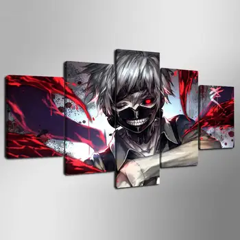 Hot Predaj 5 Panely Wall Art Anime Ken Kaneki Tokio Vlkolak Obrazy gauč pozadí Plátno Plagáte bez rámu veľkoobchod drop shipping