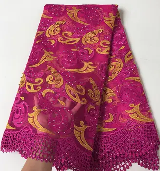 Hot predaj Fushia ružové Zlato Korálkové Afriky tylu čipky textílie šitie francúzskej čipky s veľa Veľa kamene 5 metrov 9233
