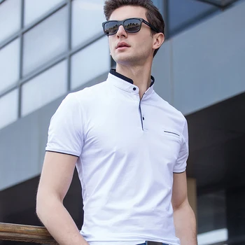 Hot Predaj Letné 2017 Pánske Jednofarebné Tričko Fashion Stand Up Golier Muž Business Bežné Bavlna Krátky Rukáv Polo Shirts