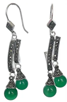 Hot predaj nový Štýl >>>>Prírodné Zeleného kameňa perličiek Marcasite 925 Sterling silver Visieť Náušnice