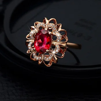 Hot Predaj Veľký Červený Kameň Rose Gold Farebné Krúžky Crystal Imitácia Ženské Svadobné Šperky Pre Ženy Krúžok