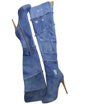 Hot predaj výrezy denim modrá stehna vysoké topánky sexy ukázal prst nad kolená vysokým podpätkom, topánky 2017 žena tenké podpätky, topánky