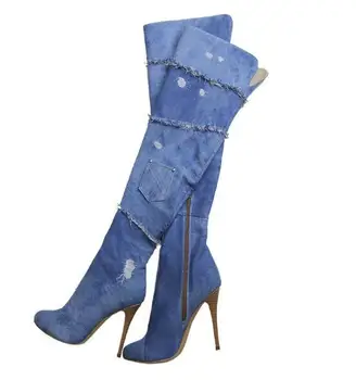 Hot predaj výrezy denim modrá stehna vysoké topánky sexy ukázal prst nad kolená vysokým podpätkom, topánky 2017 žena tenké podpätky, topánky