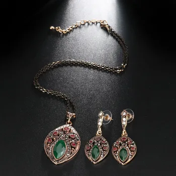 Hot Ženy Vintage Šperky Set turecký Prívesok Náhrdelník & Náušnice 2 ks Súpravy Starožitné Zlata Živice Crystal Darček Pre Lásku