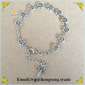 Hotsale nádherné náboženské kvet perly ruženca náramok,starožitné strieborné guľôčky reťazca náramok s INRI Ježiš mini cross
