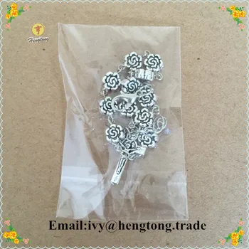 Hotsale nádherné náboženské kvet perly ruženca náramok,starožitné strieborné guľôčky reťazca náramok s INRI Ježiš mini cross
