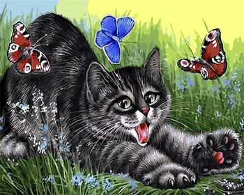 Hrať mačka pôvabnú zvierat žijúcich chlapec, izba dekor maľovanie olejomaľba obrázky Podľa Čísla Kreslenie podľa čísel DIY farba