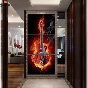 Hudobné Umenie 3 Panel Nástenné Maľby Moderných Domov Dekoroch Čierne Pálenie Gitara Pop Art Obrazy, Dekorácie Na Maliarske Plátno Tlačené