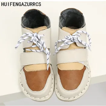 HUIFENGAZURRCS-Nové Čistý ručné Krátke topánky,jeseň plus velvet teplé topánky, kórejských študentov zimné cashmere reálnom kožené topánky
