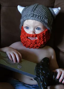 Háčkovanie Detí cartoon vikingovia horn klobúk s Fúzatý masku na tvár ,detské Čiapky , novorodencov Fotografie prop bavlna
