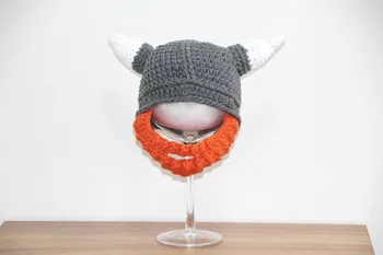 Háčkovanie Detí cartoon vikingovia horn klobúk s Fúzatý masku na tvár ,detské Čiapky , novorodencov Fotografie prop bavlna