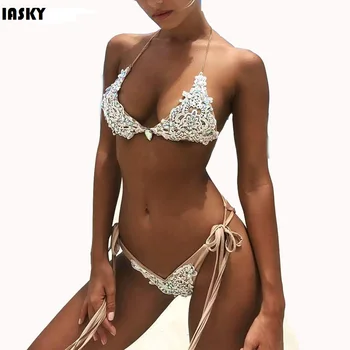 IASKY Diamond Plavky Crystal Čipky Bikini Set Brazílske Plavky s Push Up Plavky Sexi Ženy Biquini 2017 plavky