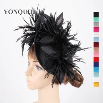 Imitácia sinamay čierne vlasy fascinators sposa špeciálne svadobné klobúky a kvetinové fascinator s perím čelenky príslušenstvo